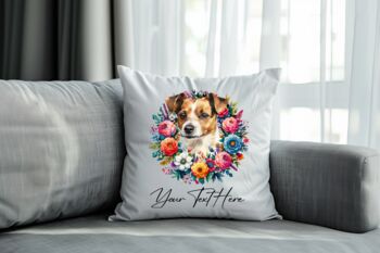 Personalised Jack Russell Terrier Summer Floral Dog Wreath Cushion And Mug Gift Bundle, 4 of 4