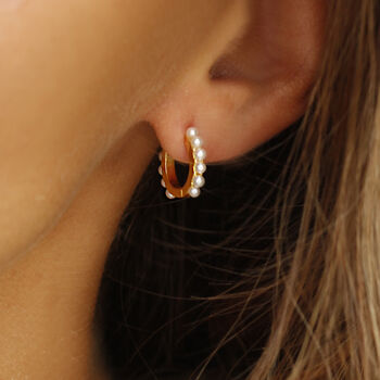 Gold Pearl Or Turquoise Huggie Hoop Earrings, 3 of 8