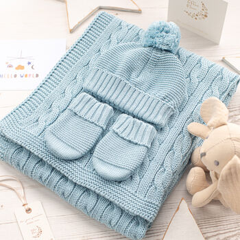 Seaside Blue Cable Knit Baby Blanket, Hat And Mittens Set, 12 of 12