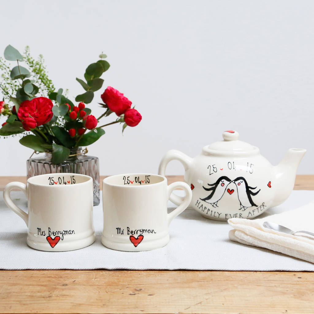 Personalised Wedding Teapot And Mugs Set By White Rain Designs