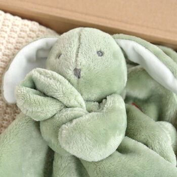 Personalised Ivory Knitted Blanket, Booties And Bunny Comforter Gift Box, 5 of 8