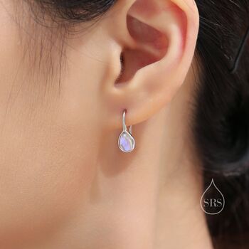 Sterling Silver Pear Shape Moonstone Droplet Drop Hook Earrings, 2 of 11