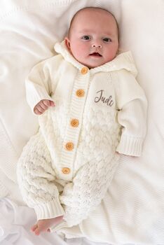 Cream Chunky Knit Personalised Embroidered Long Sleeve Pramsuit With Hood, 4 of 9