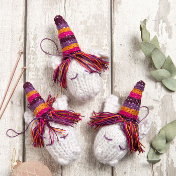 Rainbow Unicorn Christmas Baubles Intermediate Knitting Kit, 3 of 8