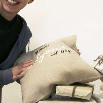 Personalised Linen Wedding Cushion Cover With Name, 3 of 5