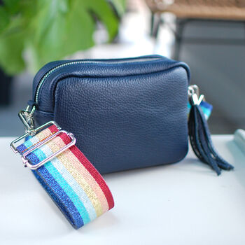 Personalised Navy Crossbody Bag With Patterned Strap, 4 of 8