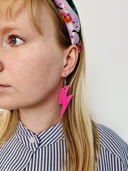 Neon Pink Glitter Lightning Bolt Earrings Small And Large / Electric Festival Gift / Earrings For Rave, 3 of 9