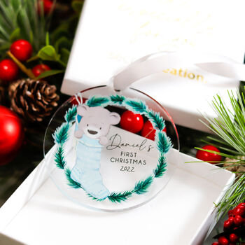 Personalised Baby Boy First Christmas Teddy Bear Bauble, 9 of 9