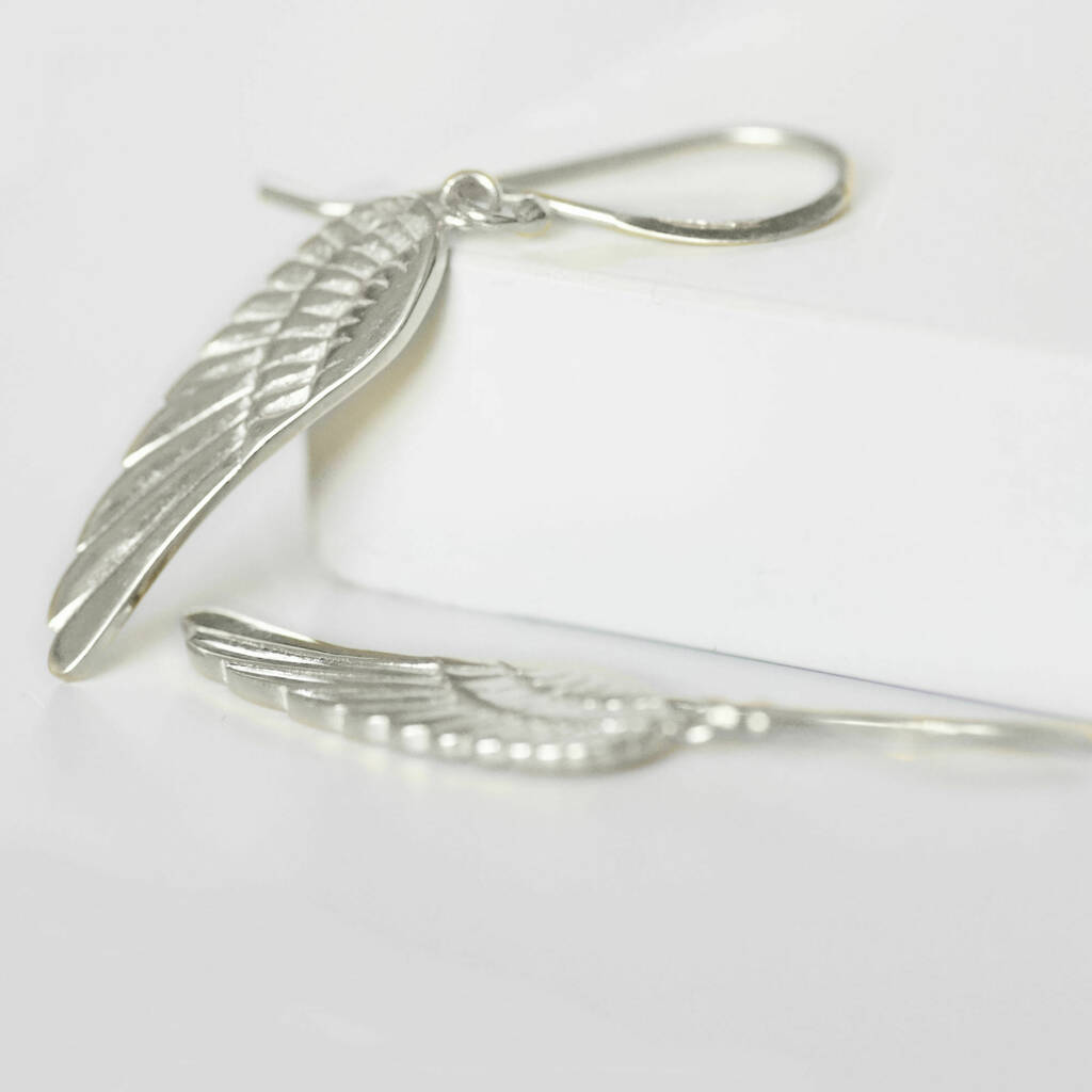 Silver Angel Wing Feather Drop Earrings By Amulette