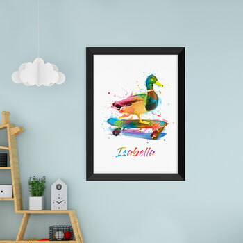 Personalised Watercolour Duck Skateboarding Print, 9 of 12
