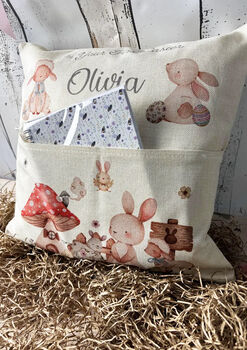 Personalised Kids Easter Pocket Cushion, Easter Reading Pillow, 3 of 4