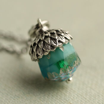 Peacock Blue Gold Acorn Necklace, 9 of 10