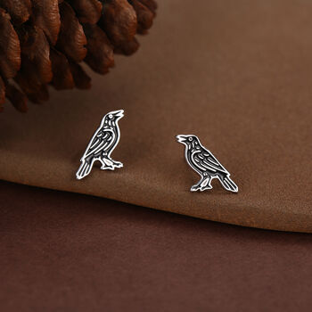 Sterling Silver Crow Raven Bird Stud Earrings, 4 of 11