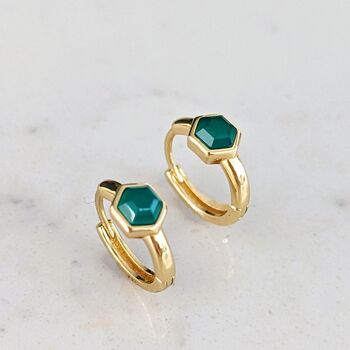 Green Onyx Tiny Hexagon Hoop Earrings 18ct Gold Plated, 2 of 8