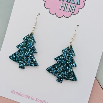 Snowfall / Blue Glitter Christmas Tree Earrings Small And Large, 3 of 10