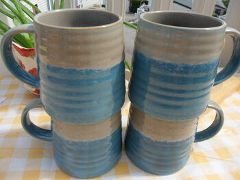 Set Of Four Reactive Glaze Brûlée Mugs In Light Blue And Grey Mist, 6 of 10