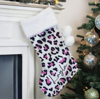 Personalised Velvet Leopard Print Christmas Stocking, 2 of 4
