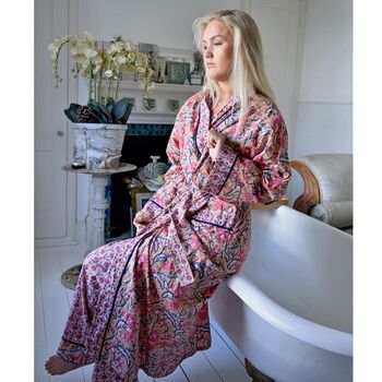 Block Printed Apricot, Navy And Persian Red Floral Cotton Dressing Gown, 6 of 8