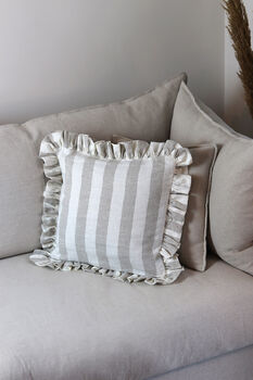 Wide Stripe French Linen Ruffle Cushion, 2 of 3