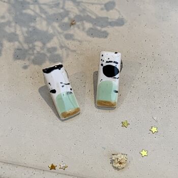 Mint Green And Gold Ceramic Bar Stud Earrings Abstract Splatter Minimalist Studs, 4 of 10