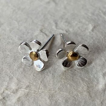 Silver And Gold Flower Stud Earrings, 2 of 4