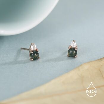 Sterling Silver Natural Moss Agate And Cz Stud Earrings, 5 of 12
