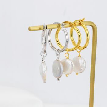 Sterling Silver Coin Baroque Pearl Dangle Creole Hoop Earrings, 5 of 12