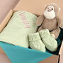 Personalised Sage Green Knitted Blanket, Booties And Monkey Gift Box, thumbnail 10 of 11