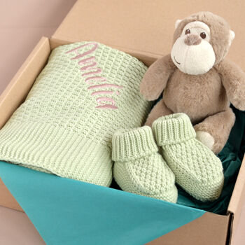 Personalised Sage Green Knitted Blanket, Booties And Monkey Gift Box, 10 of 11