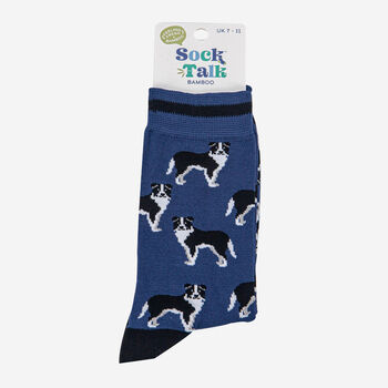 Border Collie Sheepdog Men's Bamboo Socks Blue, 3 of 4