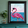 Seaside Summer Pink Flamingo With Beach Sea Scene Print, thumbnail 1 of 4