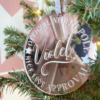 Personalised 'Nice List' Santa Stamp Christmas Tree Decoration, 6 of 9