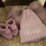 Personalised Navy Blue Double Pom Pom Winter Hat And Booties, thumbnail 4 of 9