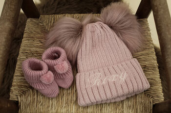 Personalised Navy Blue Double Pom Pom Winter Hat And Booties, 4 of 9