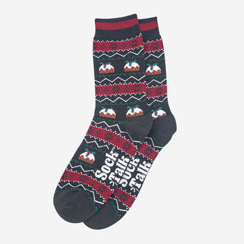Fair Isle Christmas Pudding Men's Bamboo Socks Black Red, 4 of 4