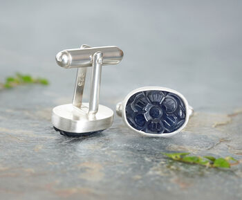 Hand Carved Sapphire Cufflinks In Sterling Silver, 2 of 2