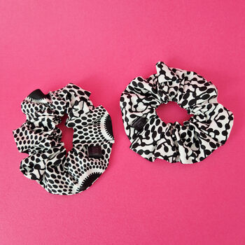 Two African Print Scrunchies | White Black Ayo Print, 2 of 5