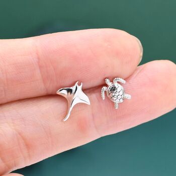 Sterling Silver Manta Ray And Sea Turtle Stud Earrings, 5 of 12