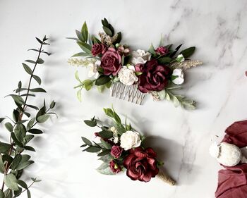 Burgundy And White Floral Hair Comb, 2 of 4