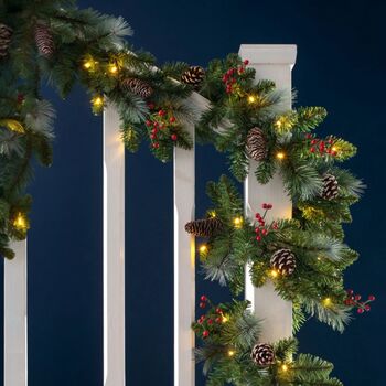 Traditional Christmas Garland, Red Berries, Pine Cones, Pre Lit, 180cm, 3 of 5