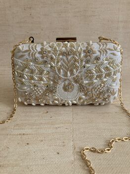 White Handcrafted Rectangular Pearl Clutch Bag, 6 of 10