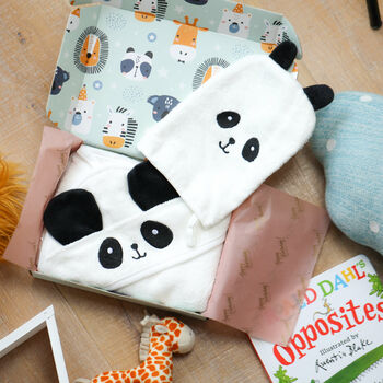 Baby Panda Bath Time Towel And Bath Mitt Gift Box Set, 2 of 11