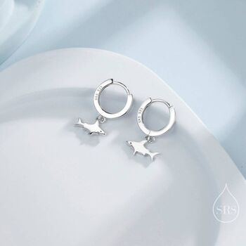 Sterling Silver Tiny Shark Fish Huggie Hoop Earrings, 3 of 10