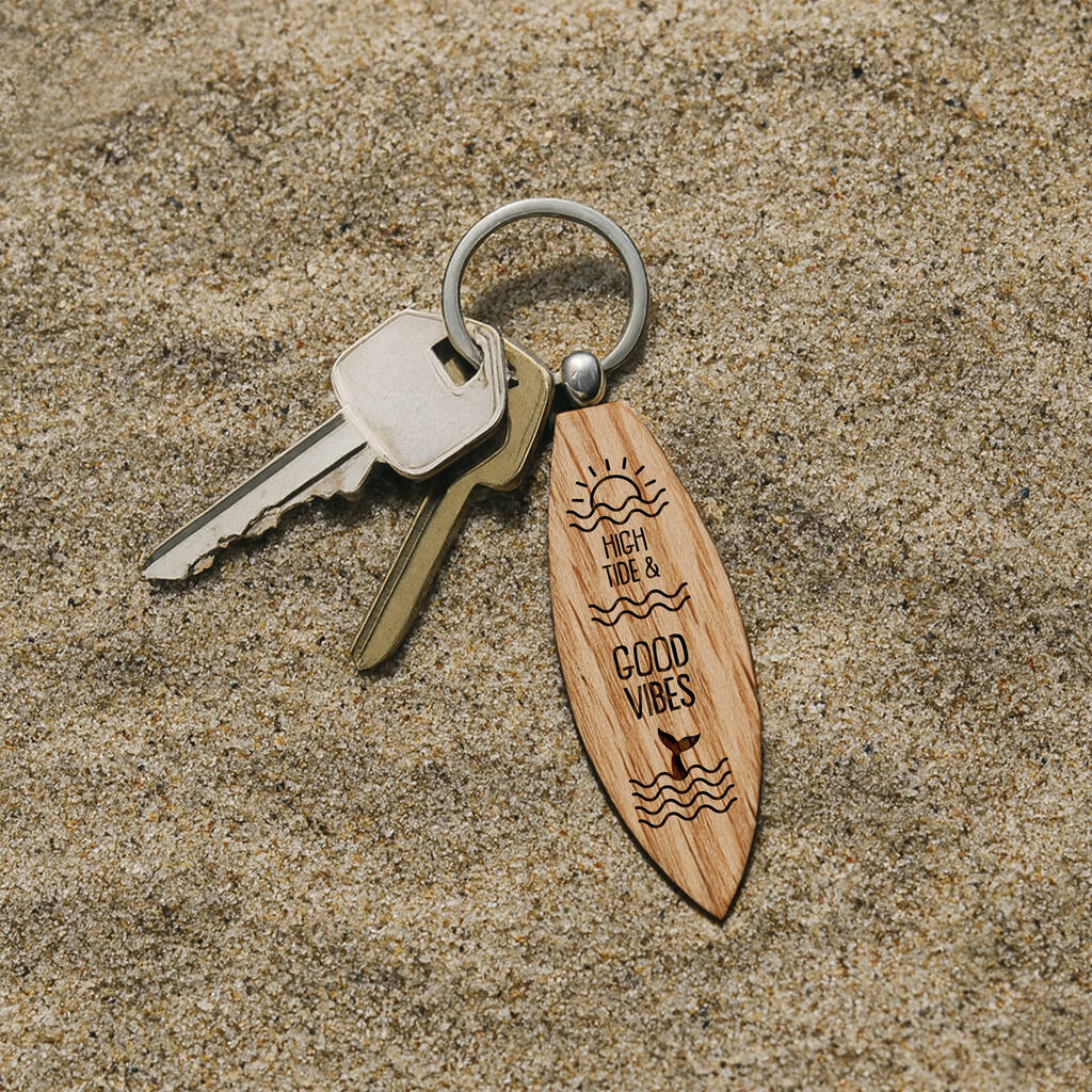 Loft 'High Tide And Good Vibes' Oak Surfboard Keyring | Birthday | Keepsake | Novelty Keyring, 1 of 2