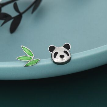 Mismatched Panda And Bamboo Leaf Stud Earrings In Sterling Silver, 2 of 10