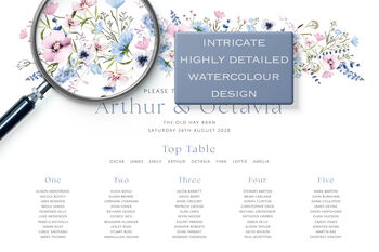 Wild Flower Wedding Table Plan In Pink And Blue, 4 of 7