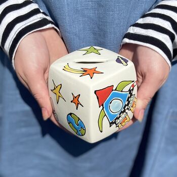 Personalised Cube Space Theme Money Box, 2 of 2