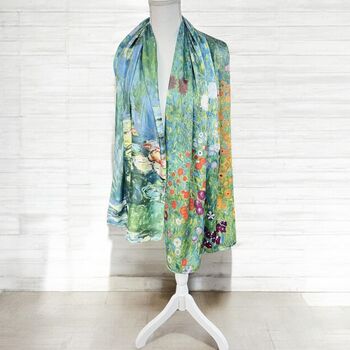 Water Lilies By Monet And Klimt Flower Garden Reversible Silk Blend Scarf, 3 of 11