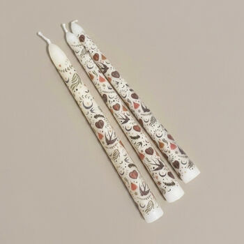 Set Of Three Painted Taper Candles With Folk Print, 5 of 6