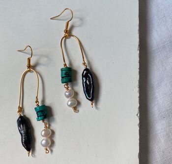 Pearl And Turquoise Asymmetric Drop Earrings, 2 of 7